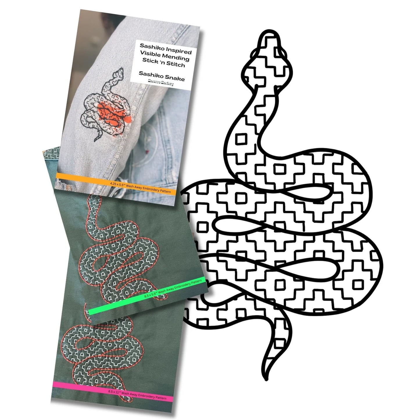 Sashiko Snake - Visible Mending Stick and Stitch Embroidery Pattern